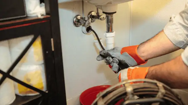 Drain cleaning technician using a motorized plumbing snake to clear a clogged sink pipe in Chandler, AZ