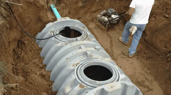 Septic tank installation showing a technician compacting soil around a new poly septic tank in an excavation pit in Chandler, AZ